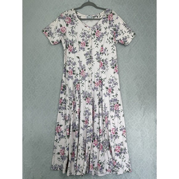 Vtg 90s Knit Maxi Dress Large Pink Floral Ties Cottage Modest Grandma Feminine - Picture 1 of 15